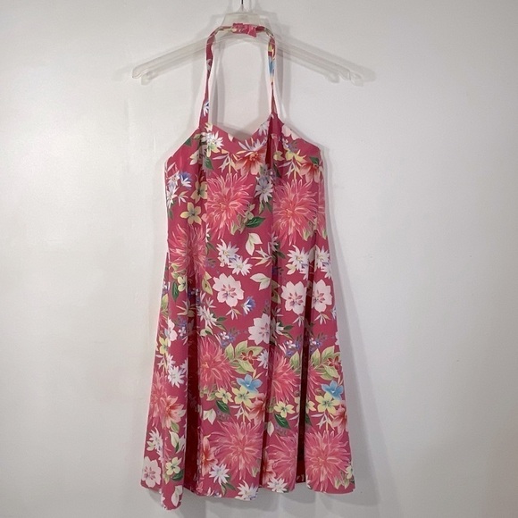 Laura Pink Floral Halter Dress Sweetheart Neckline Hawaiian Flowers Size M - Picture 2 of 9